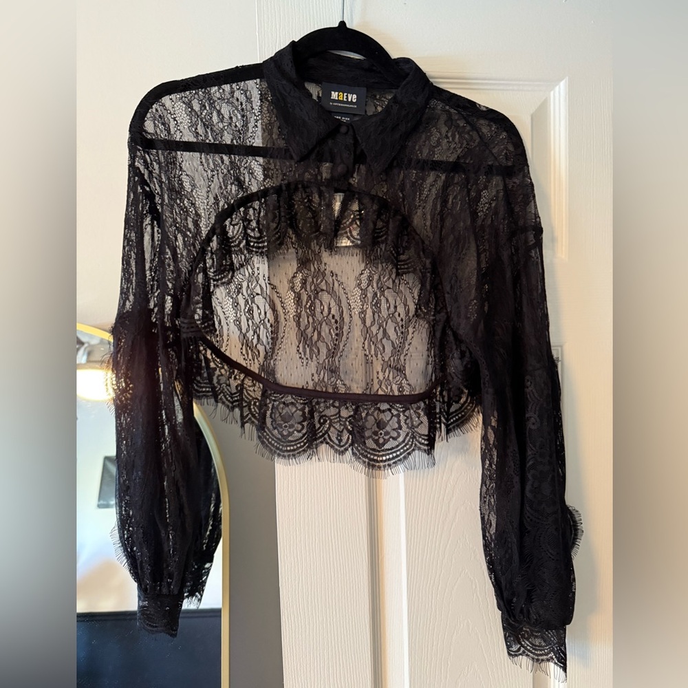 Anthropologie Maeve Black Lace Shrug Blouse